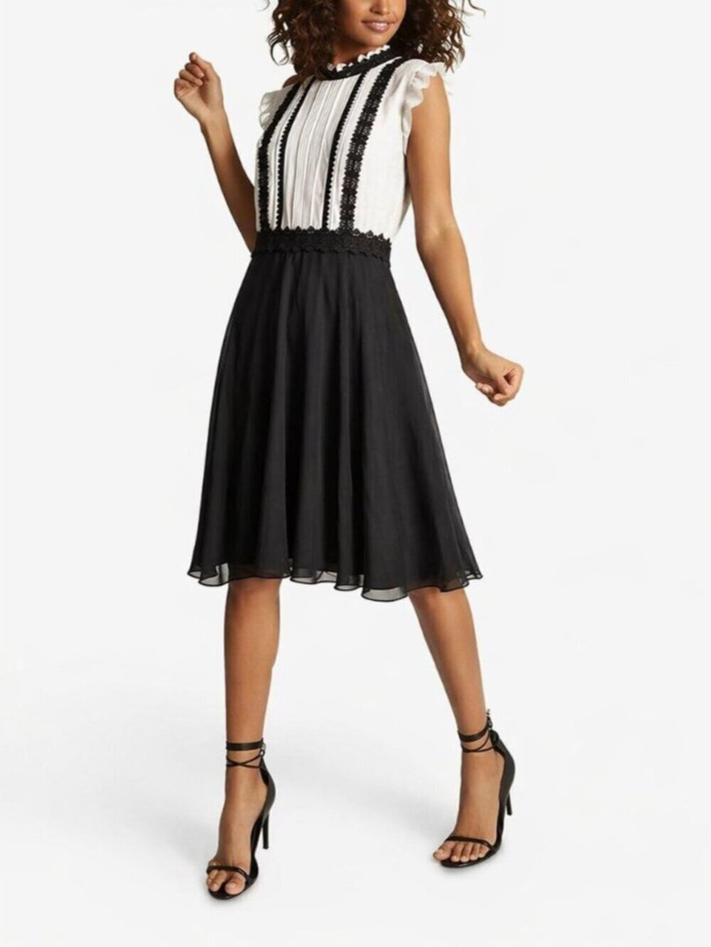 Reiss Chiffon Lace Ruffle Dress White Black Size 6
